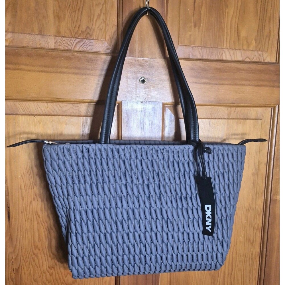 DKNY Quilted Gray Puffer Tote Bag Handbag Zip Top Black Straps Charm EUC